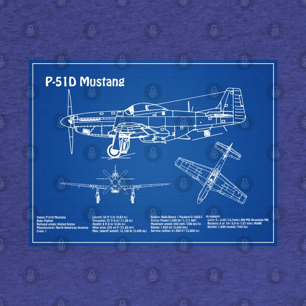 North American P-51D Mustang Airplane Blueprint - AD by SPJE Illustration Photography